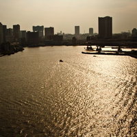 オレンジの夕焼けが水面に反射して光る海の風景の写真