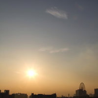東京ビッグサイトの建物越しに広がるオレンジの夕焼け空の写真
