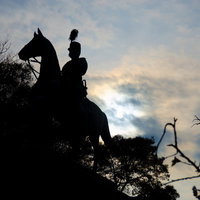 緑の木々に囲まれた上野公園の小松宮彰仁親王銅像の写真