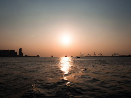 夕陽のオレンジの光が水面に反射して光る水辺の風景