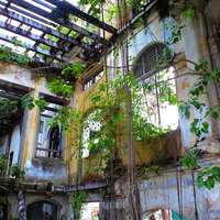 崩れかけた壁と窓が残るジョージタウンの廃墟の建物の写真