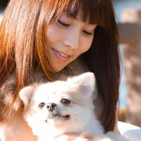 ふわふわのポメラニアンを胸に抱える笑顔の女性の写真