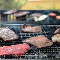 網の上でじゅうじゅう焼ける肉のバーベキュー風景の写真