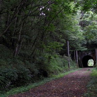 暗闘の先に光が見える不気味な廃線のトンネル内部の写真