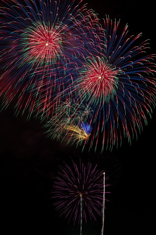 暗い夜空にぱっと開く色彩豊かな打ち上げ花火