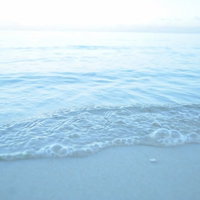 朝日に照らされた砂浜に静かに波が寄せる波打ち際の写真