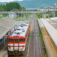 JR村上駅のホームから出発するオレンジ色のキハ40系電車の写真