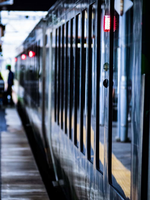駅ホームで停車中のリゾートしらかみ（ブナ編成）の車両側面