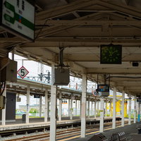 JR青森駅ホームから見た木造駅舎と線路の写真
