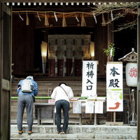 宇治上神社の本殿前で祈願中の参拝客の写真