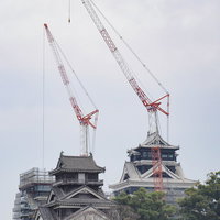復興工事中の熊本城本丸とタワークレーン、石垣と天守閣の写真
