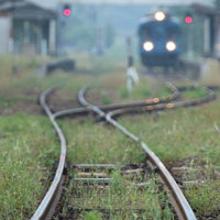 草が生い茂る線路を走るローカル列車の駅舎風景の写真
