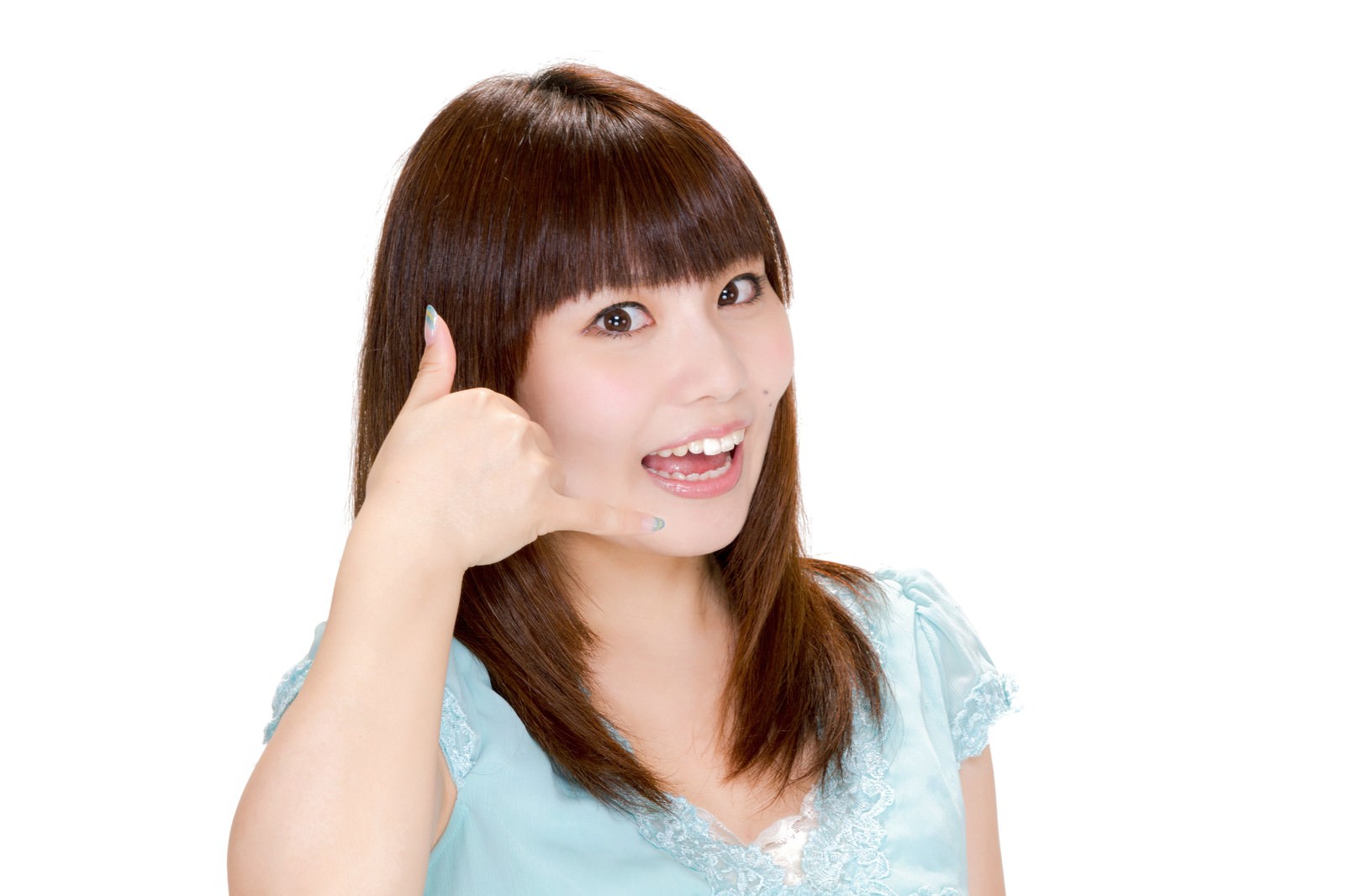 スマホで電話してねポーズの女性［モデル：Lala］