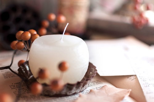 横構図のロウソクの炎とサンキライの赤い実のクリスマス飾り