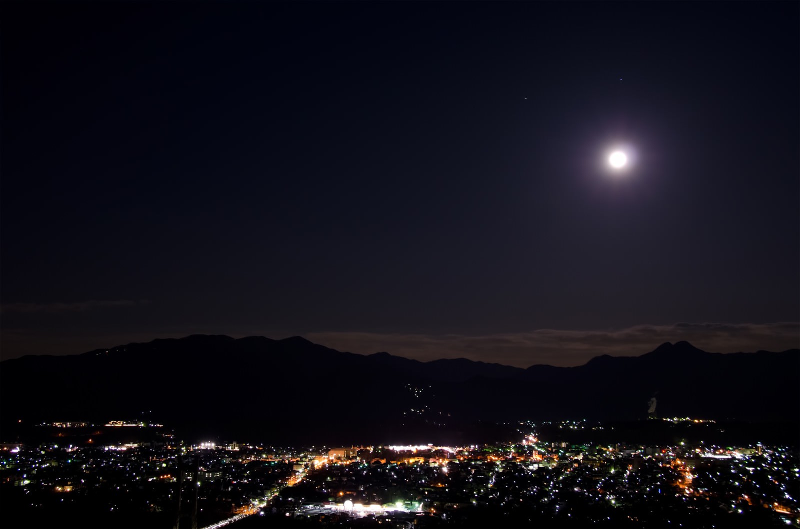街の灯を見下ろす夜空の満月