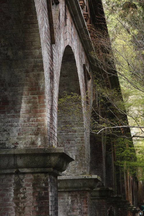 森の中に残る苔むしたアーチ型の橋