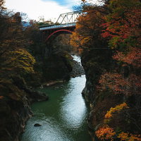 吾妻渓谷を流れる川に架かる鉄橋と秋の紅葉の写真
