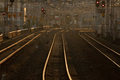 西九条駅方面を望む線路と信号機の夕焼け風景