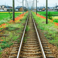 線路沿いに咲く赤い彼岸花と秋の情景の写真