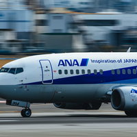 離陸に向けてスピードをあげるANA旅客機の写真