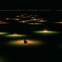 吉野川のシラスウナギ漁で灯る船の夜間作業の写真