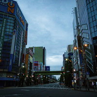 早朝の秋葉原の街並みと車道、高架橋、街灯の写真