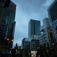 秋葉原の高架橋が見える夕暮れ時のビル群と夜景の写真