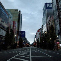 秋葉原の車道に引かれた白い中央線とビル群の写真