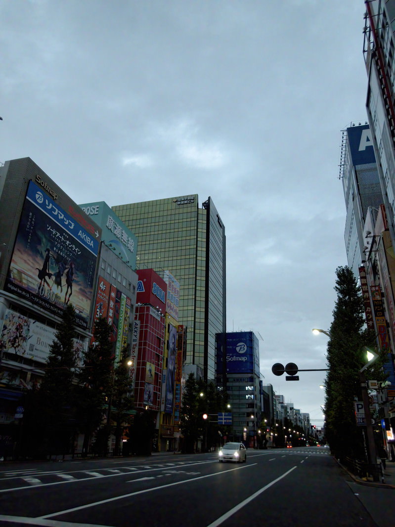 曇り空の下に立ち並ぶ秋葉原の高層ビルと車道の風景