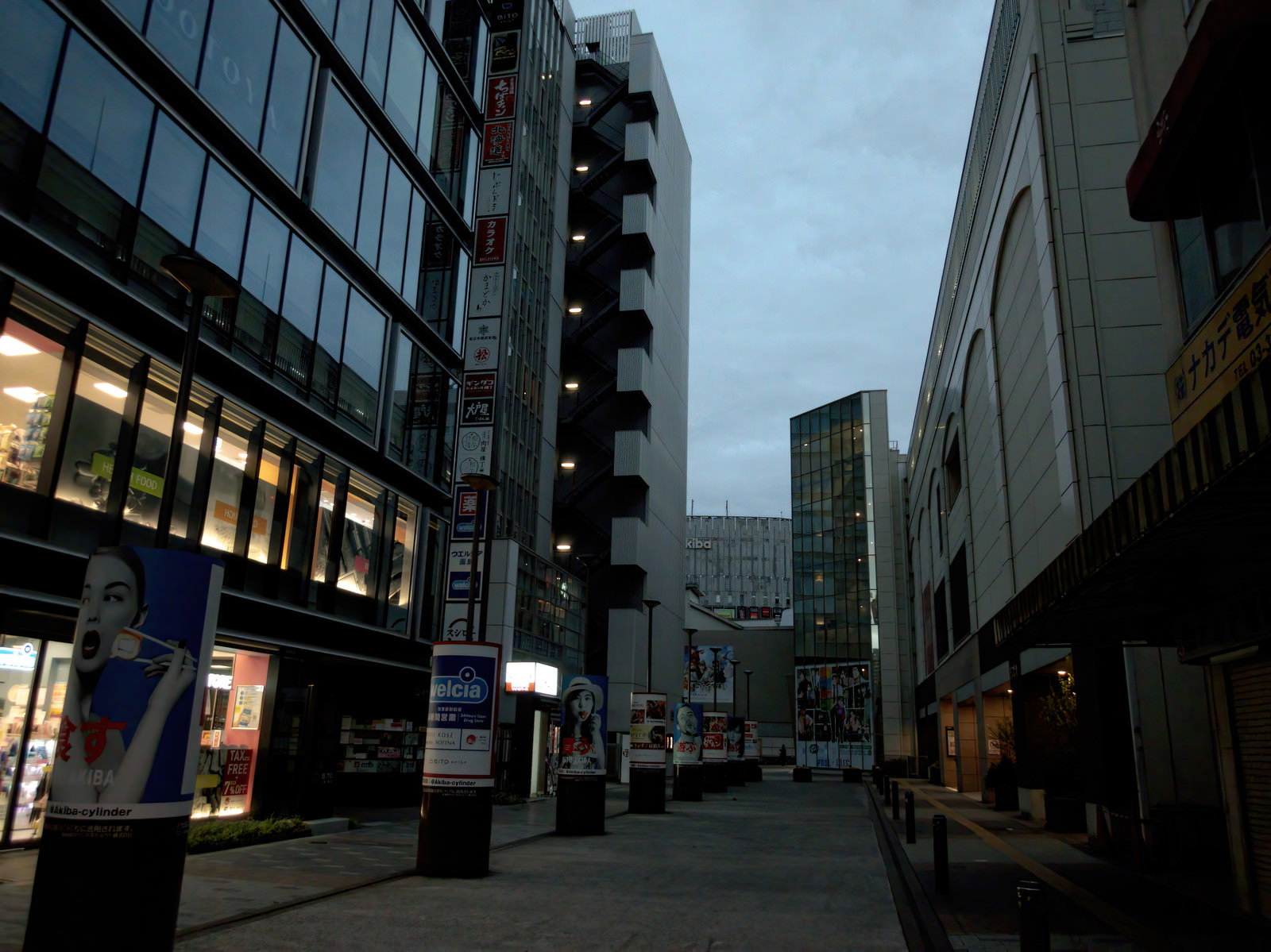 早朝の薄暗い時間帯の秋葉原の路地裏、両側にビルが立ち並ぶ静かな街並み