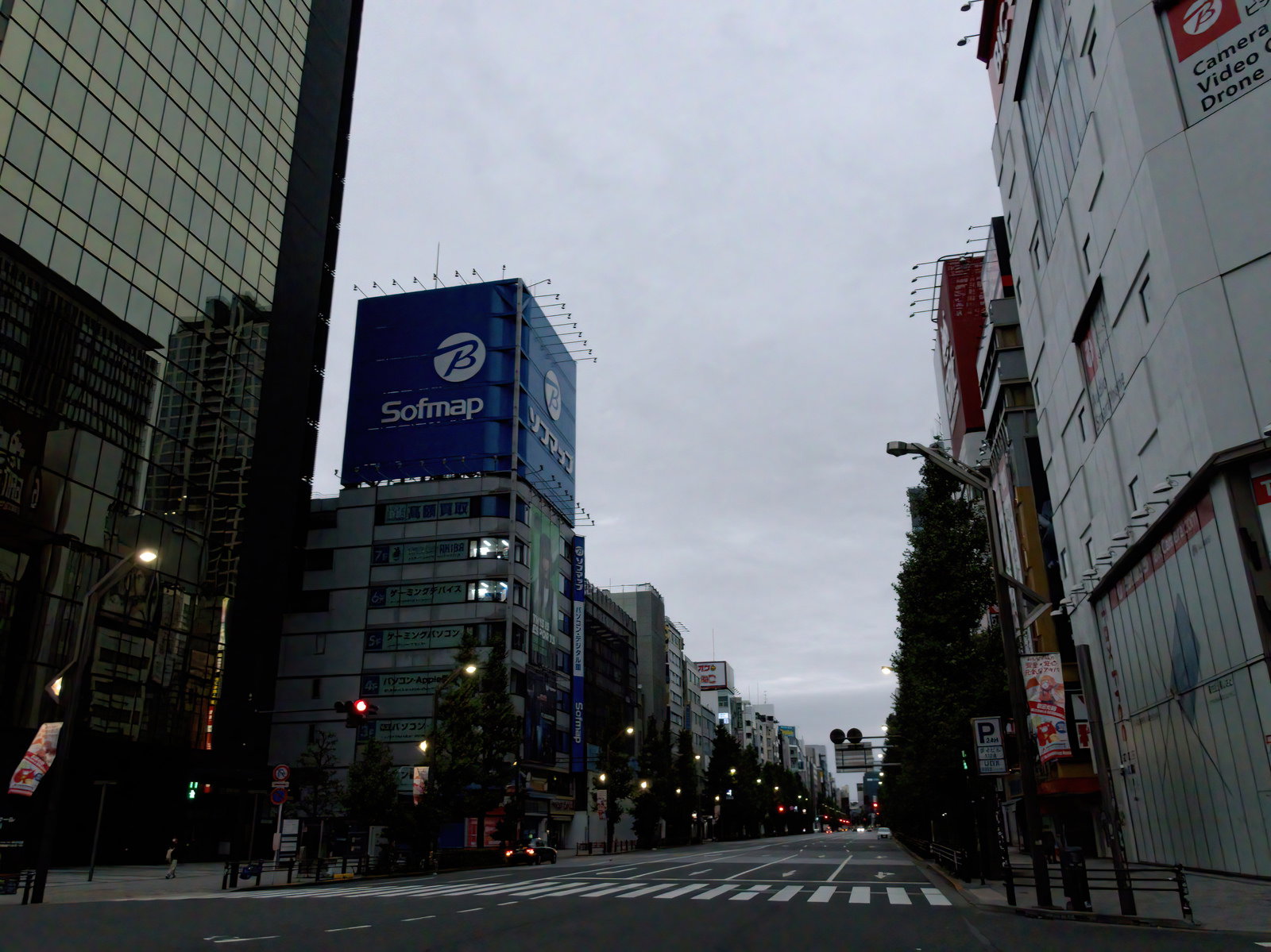 朝方の薄曇りの空の下、高層ビルが立ち並ぶ秋葉原の街並みと横断歩道