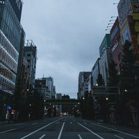 秋葉原の車道に描かれた直進レーンと右折レーンの写真