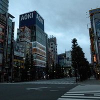 交差点から見る秋葉原の看板とビル群の都市風景の写真
