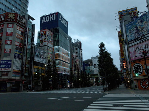 交差点から見る秋葉原の看板とビル群の都市風景