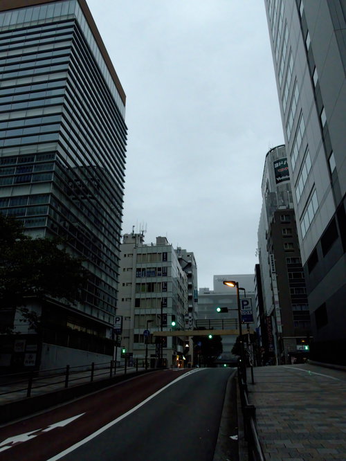 車道と歩道沿いのビル群