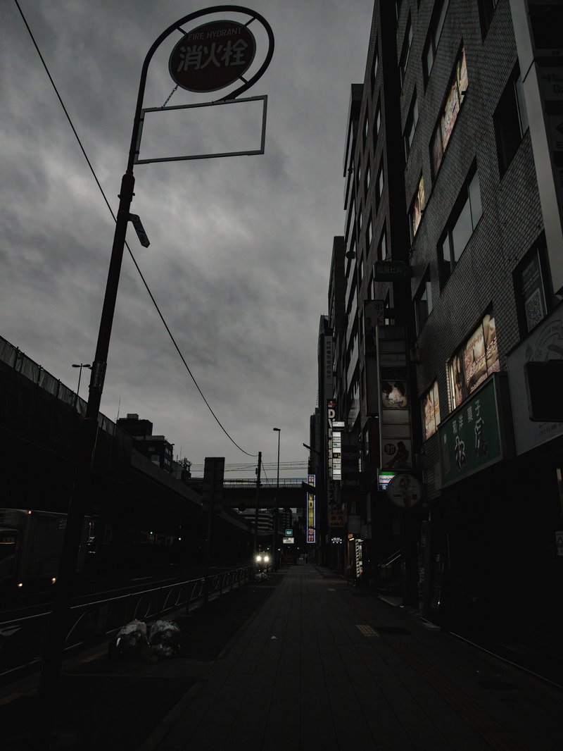 曇り空の下、街灯が灯る秋葉原の歩道とビル群