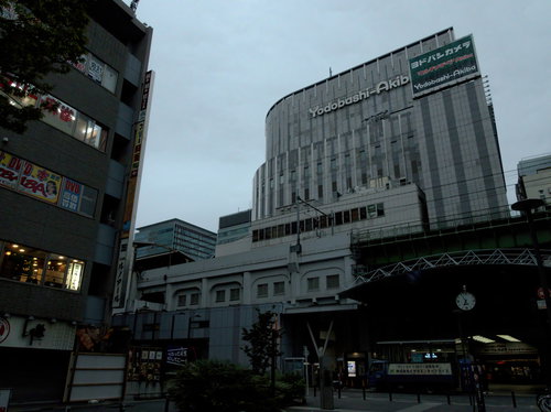 早朝に撮ったヨドバシアキバマルチメディアの外観と高架橋