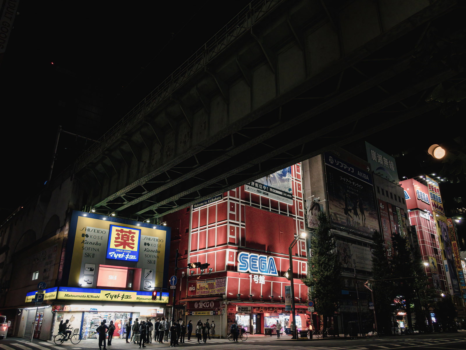 秋葉原ガード下の高架橋下で、赤い看板のビルが立ち並び、人々が歩いている夜間風景
