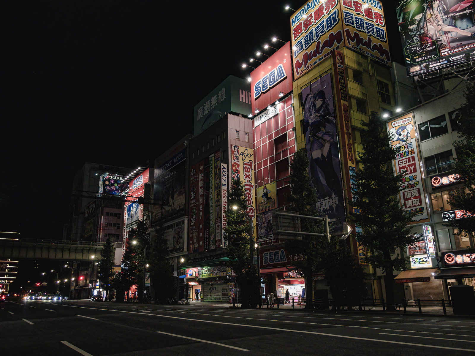 夜の秋葉原でライトアップされた看板とビルが立ち並ぶ電気街の風景