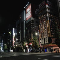 夜の秋葉原を照らす街灯と看板が並ぶ繁華街の写真