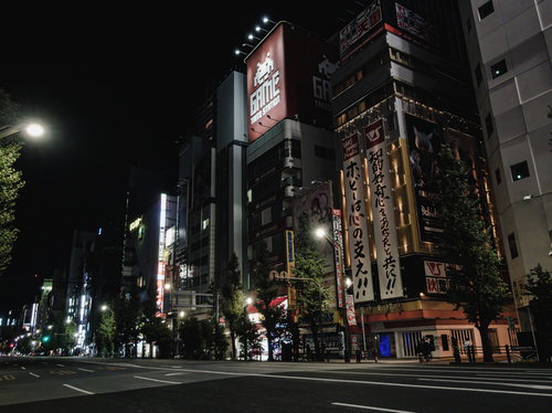 夜の秋葉原を照らす街灯と看板が並ぶ繁華街
