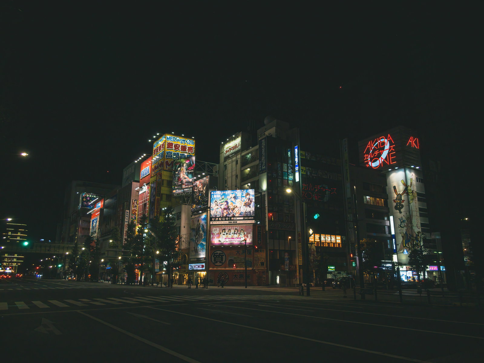 夜の秋葉原の街並み。ネオンサインや電光掲示板が光るビルが立ち並ぶ