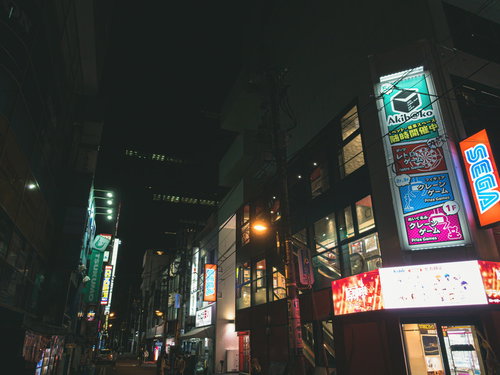 秋葉原の路地裏に並ぶ電飾袖看板の夜景