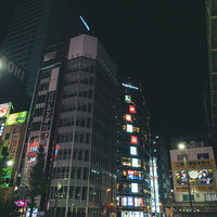 秋葉原の夜間に電飾ネオンが光るスケルトンビルの写真