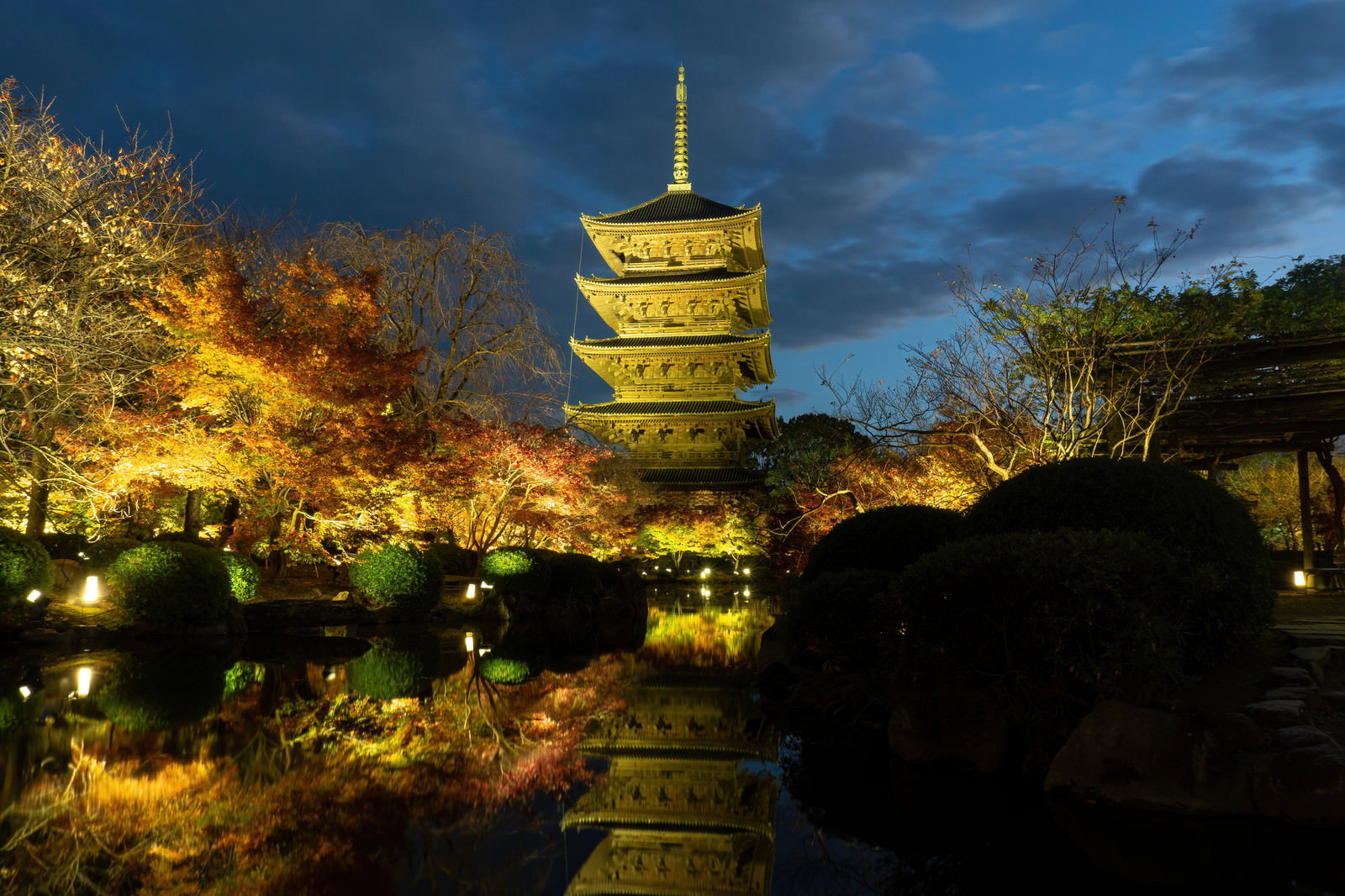 夜空に映える東寺の五重塔、池の水面に映る姿と紅葉のライトアップ