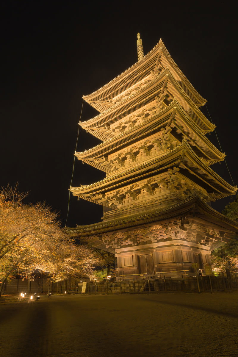 夜間にライトアップされた東寺の五重塔を見上げたアングル