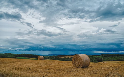 北海道の畑に置かれた牧草ロールと曇り空