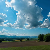北海道の広大な畑と空に広がる大きな雲の写真