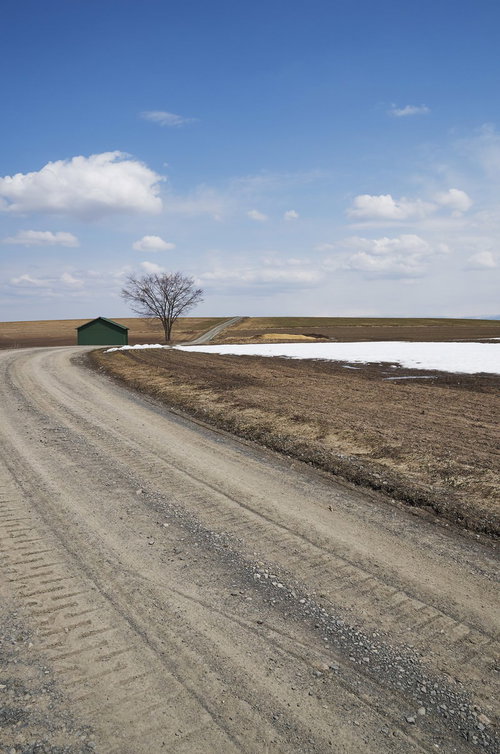雪解けの畑と緑の小屋が建つ田舎の砂利道
