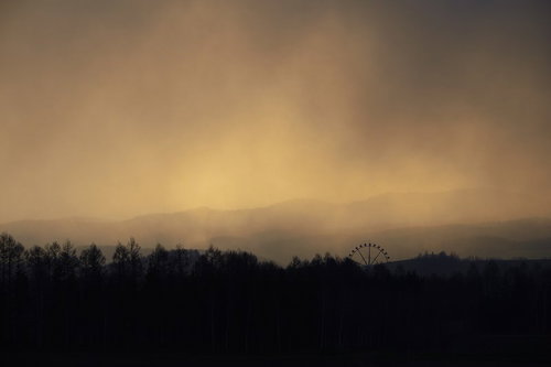 霧に霞む森と遠景の観覧車のシルエット